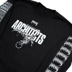 Black unisex crewneck featuring a white Architects Scorpio print across the front and a barbed wire print across the sleeves.