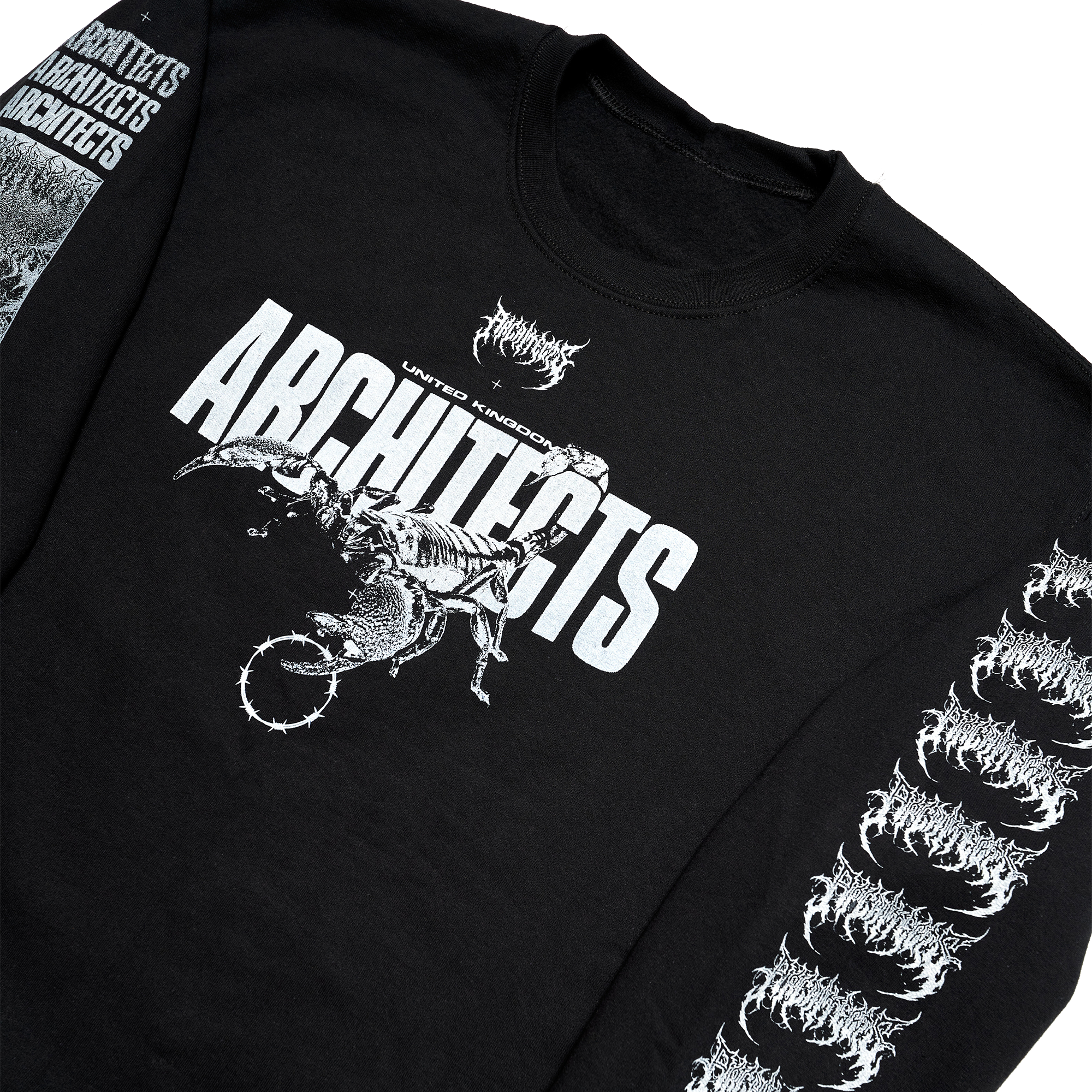 Black unisex crewneck featuring a white Architects Scorpio print across the front and a barbed wire print across the sleeves.
