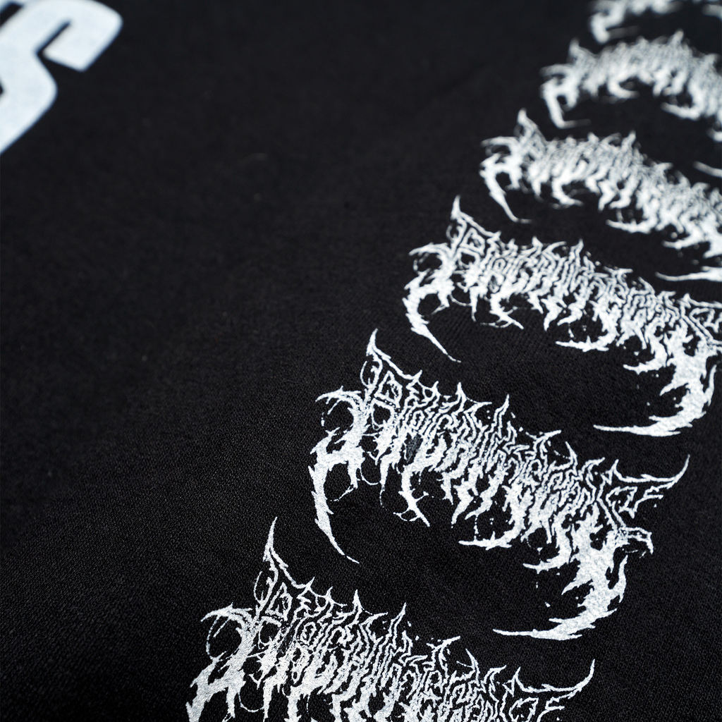 Black unisex crewneck featuring a white Architects Scorpio print across the front and a barbed wire print across the sleeves.