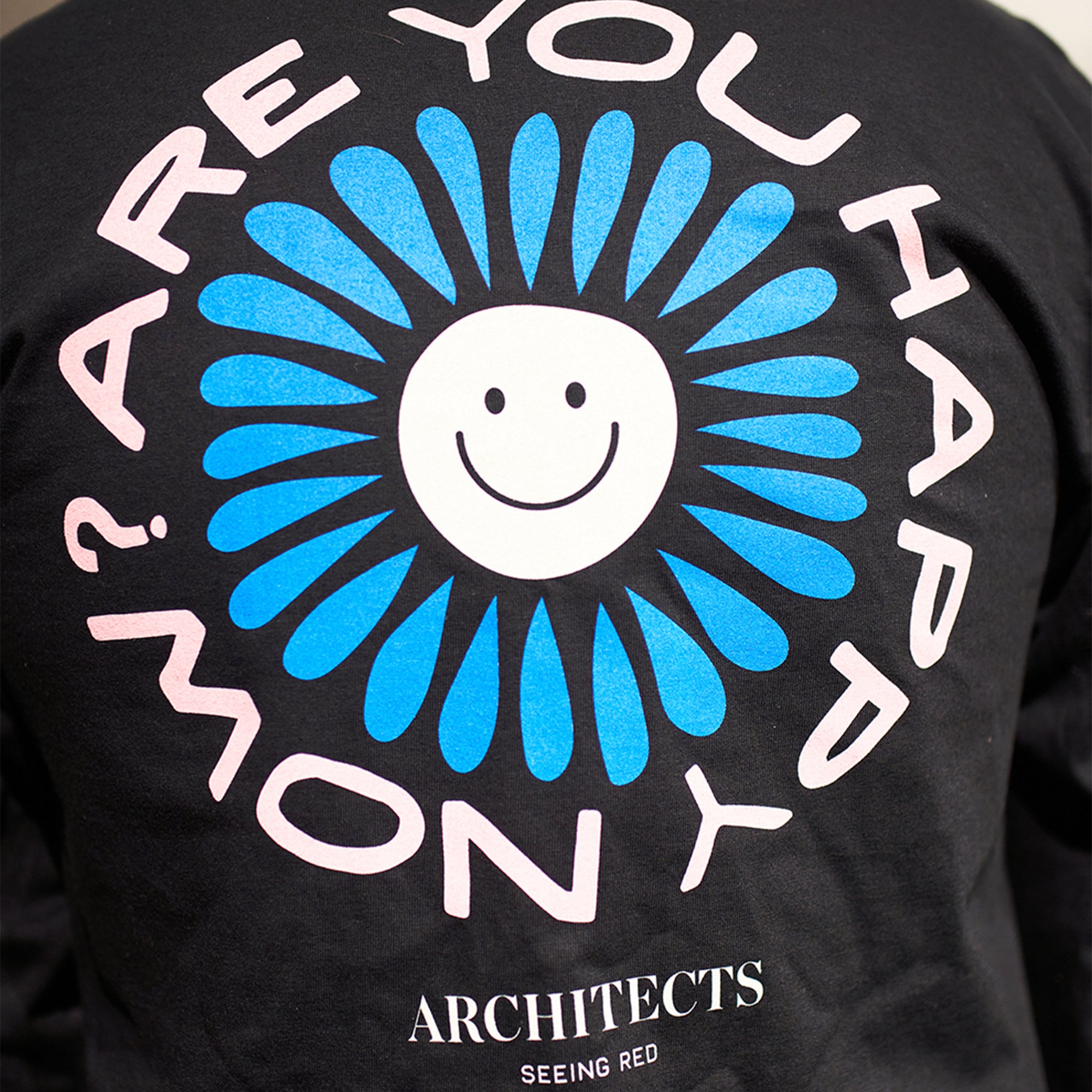 Black unisex long-sleeve T-shirt featuring a blue flower 'Are You Happy Now' print across the back, with white and blue Architects prints along the sleeves.