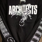 Black unisex crewneck featuring a white Architects Scorpio print across the front and a barbed wire print across the sleeves.