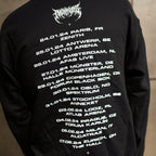 Black unisex crewneck featuring UK Winter 2024 tour dates across the back and a barbed wire print across the sleeves.