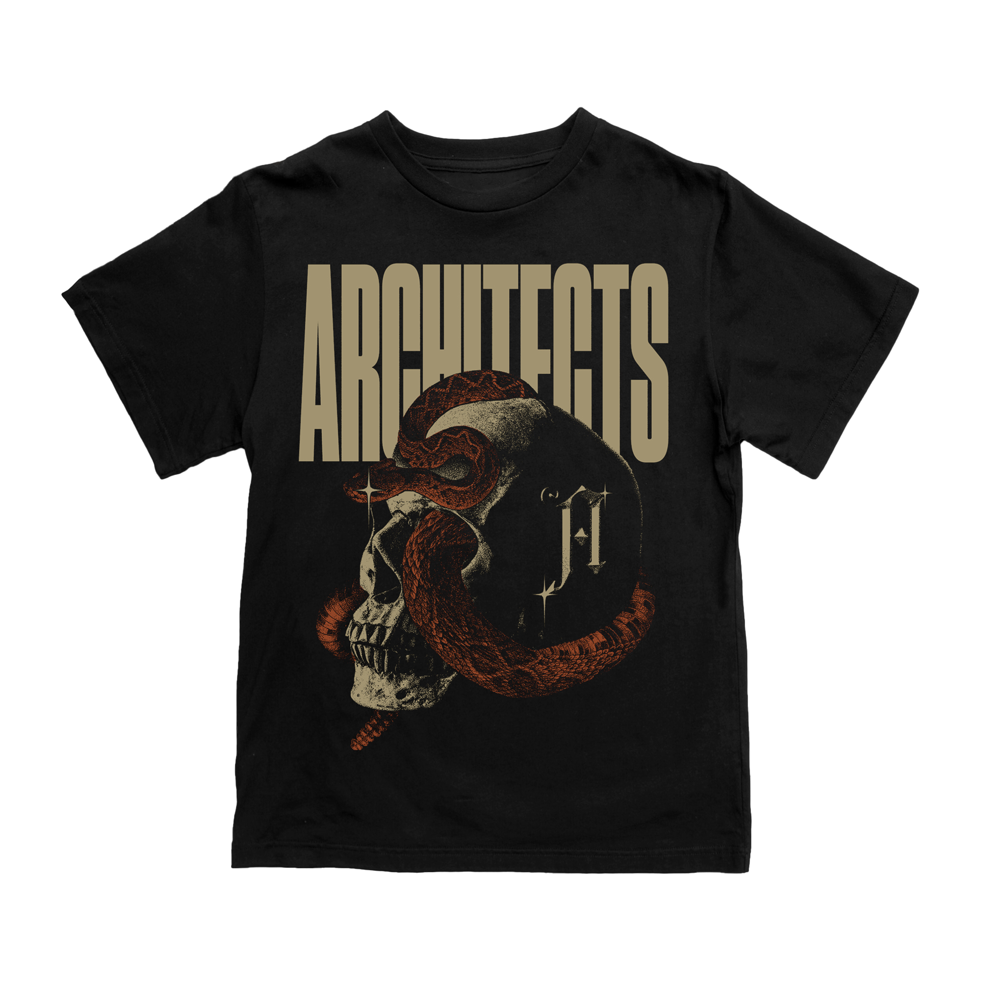Black unisex short-sleeve t-shirt with Architects snake skull print across the front.