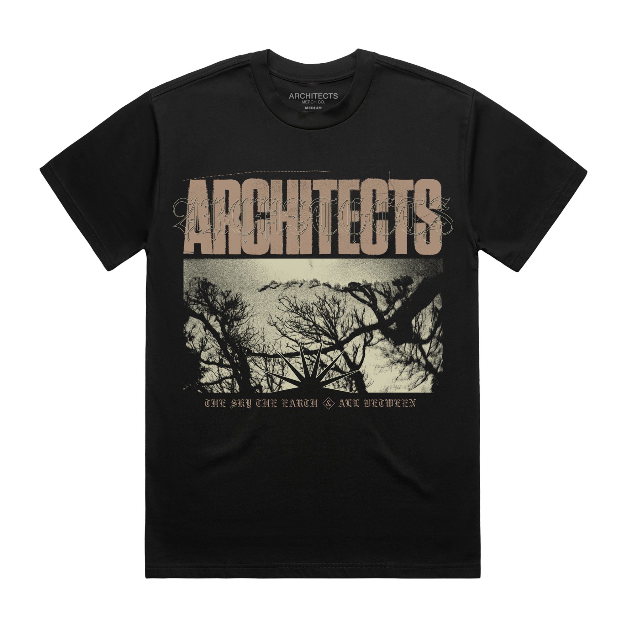 Black short-sleeve unisex regular fit t-shirt with Architects tree print across the front