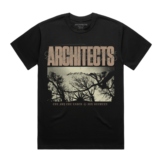 Black short-sleeve unisex regular fit t-shirt with Architects tree print across the front