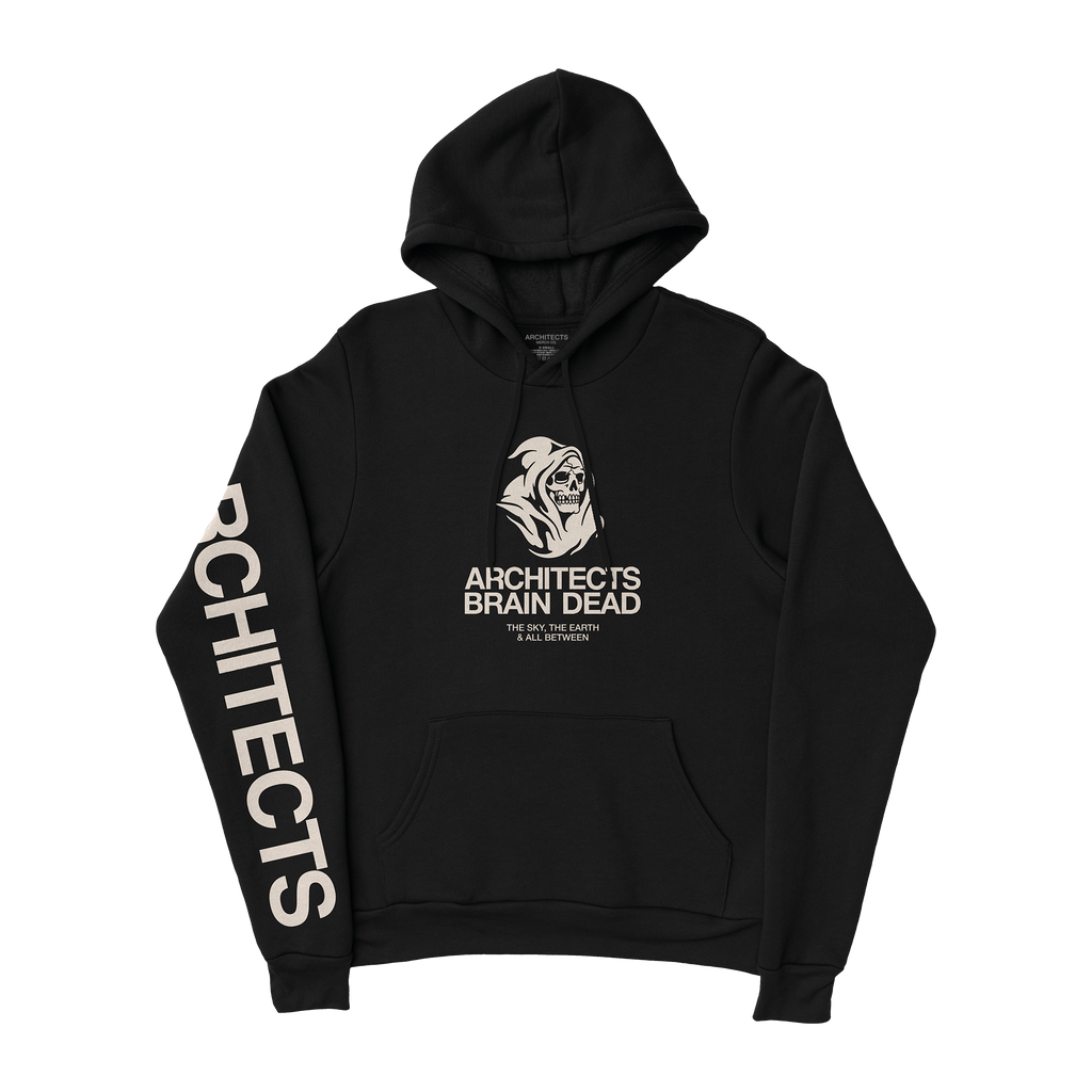 Black unisex drawstring hoodie with Architects Brain Dead print across the front, and Architects text print along the right sleeve.