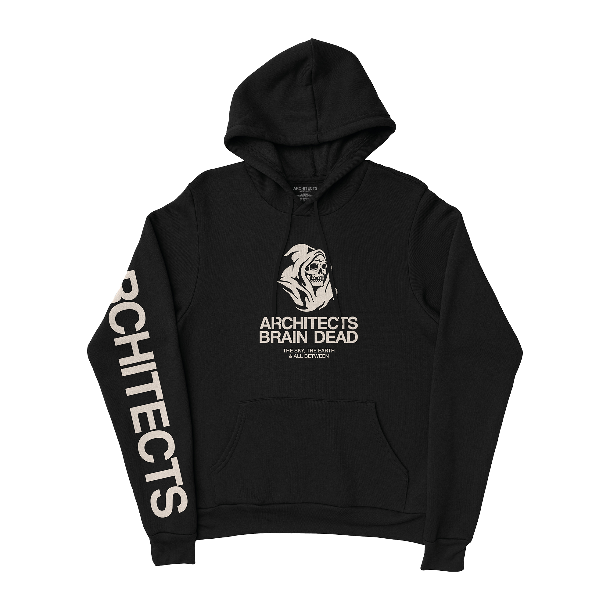 Black unisex drawstring hoodie with Architects Brain Dead print across the front, and Architects text print along the right sleeve.