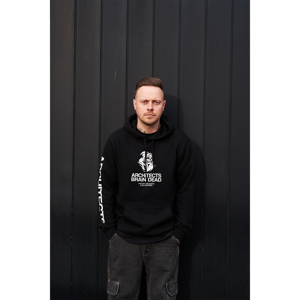 Black unisex drawstring hoodie with Architects Brain Dead print across the front, and Architects text print along the right sleeve.