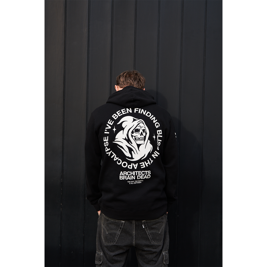 Black unisex drawstring hoodie with Architects Brain Dead print across the back, and Architects text print along the right sleeve.