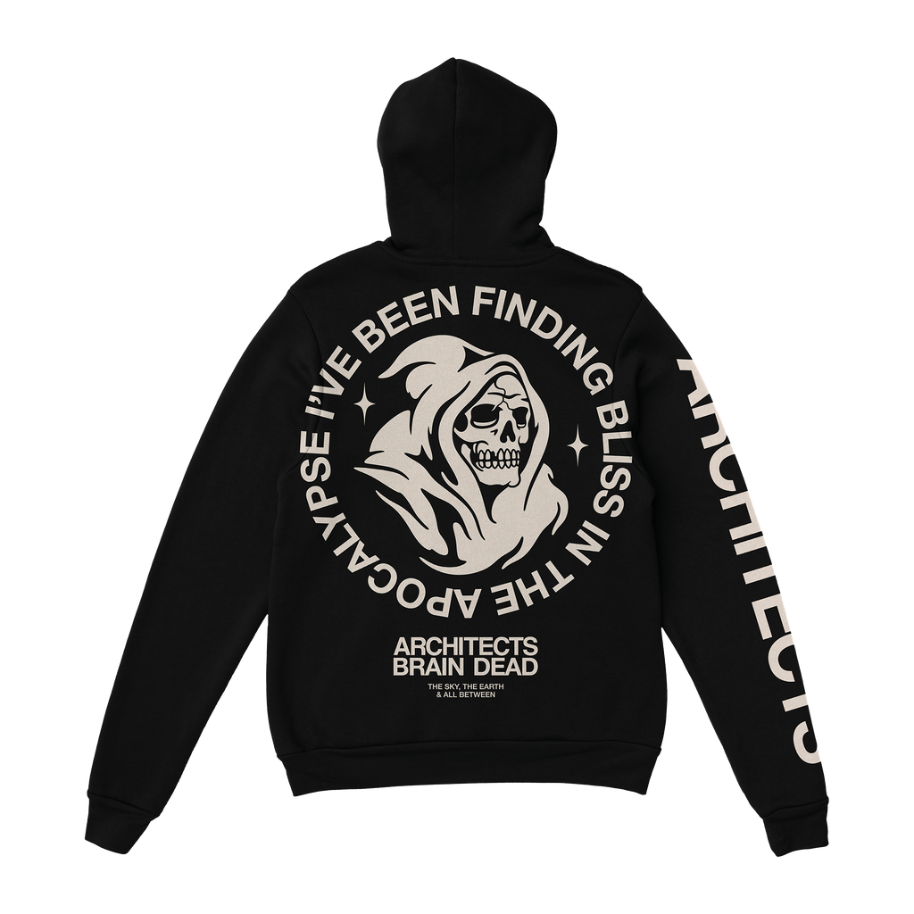 Black unisex drawstring hoodie with Architects Brain Dead print across the back, and Architects text print along the right sleeve.