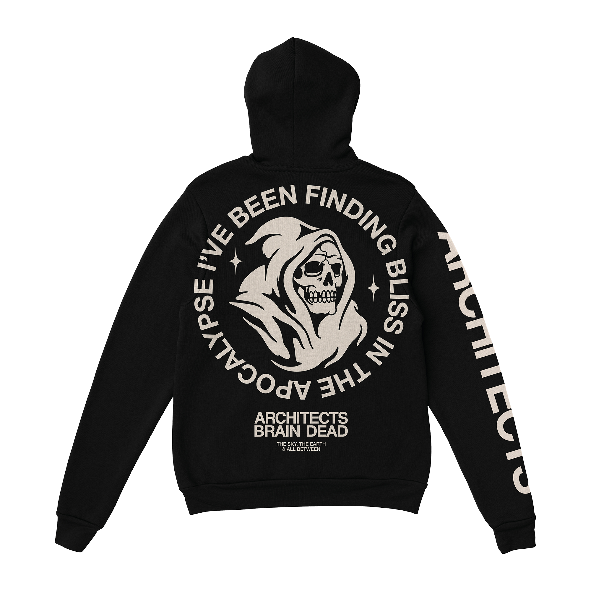 Black unisex drawstring hoodie with Architects Brain Dead print across the back, and Architects text print along the right sleeve.