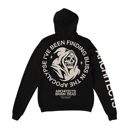 Black unisex drawstring hoodie with Architects Brain Dead print across the back, and Architects text print along the right sleeve.