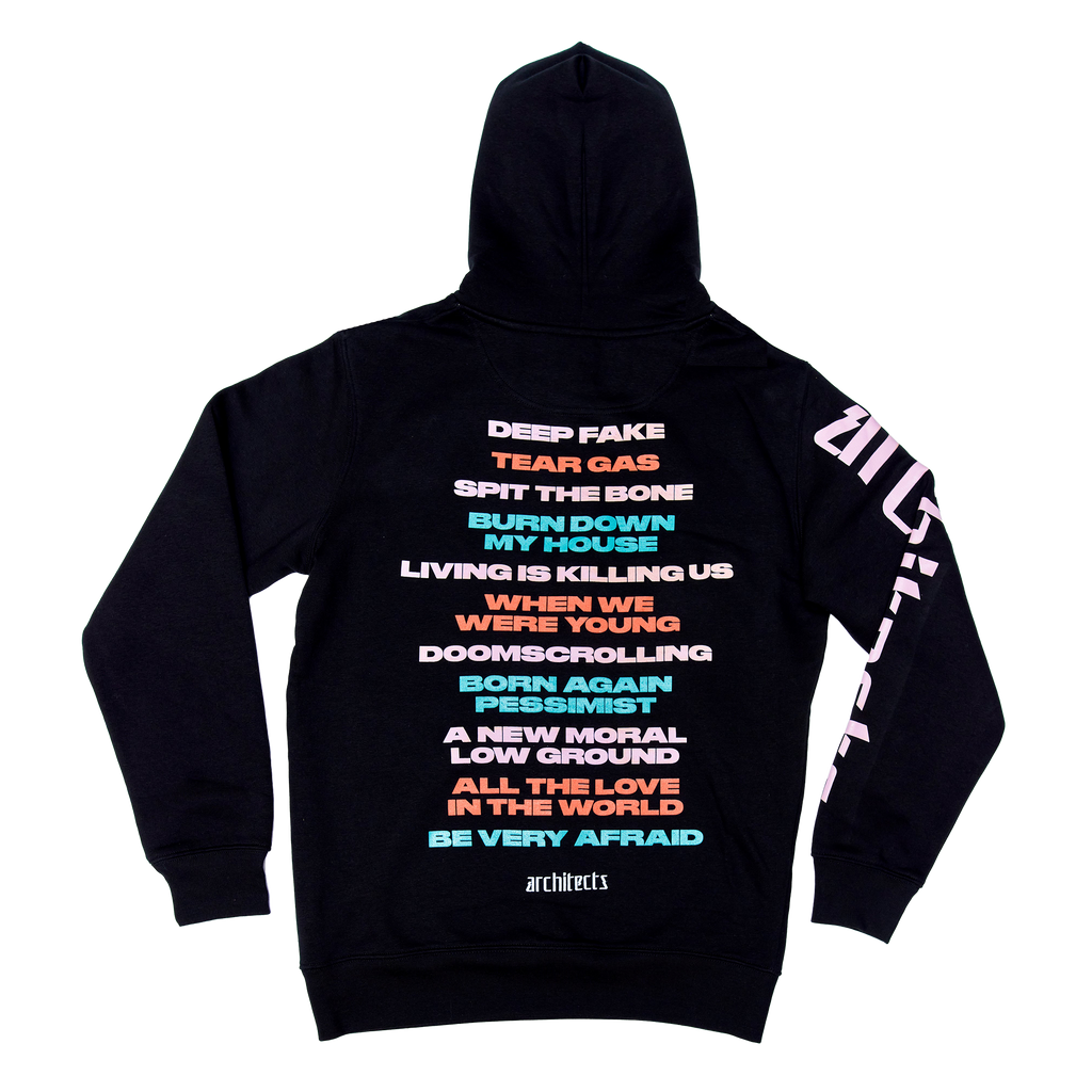 Black unisex hoodie featuring a colourful 'Broken' text print across the front and a pink Architects logo print along the sleeve.