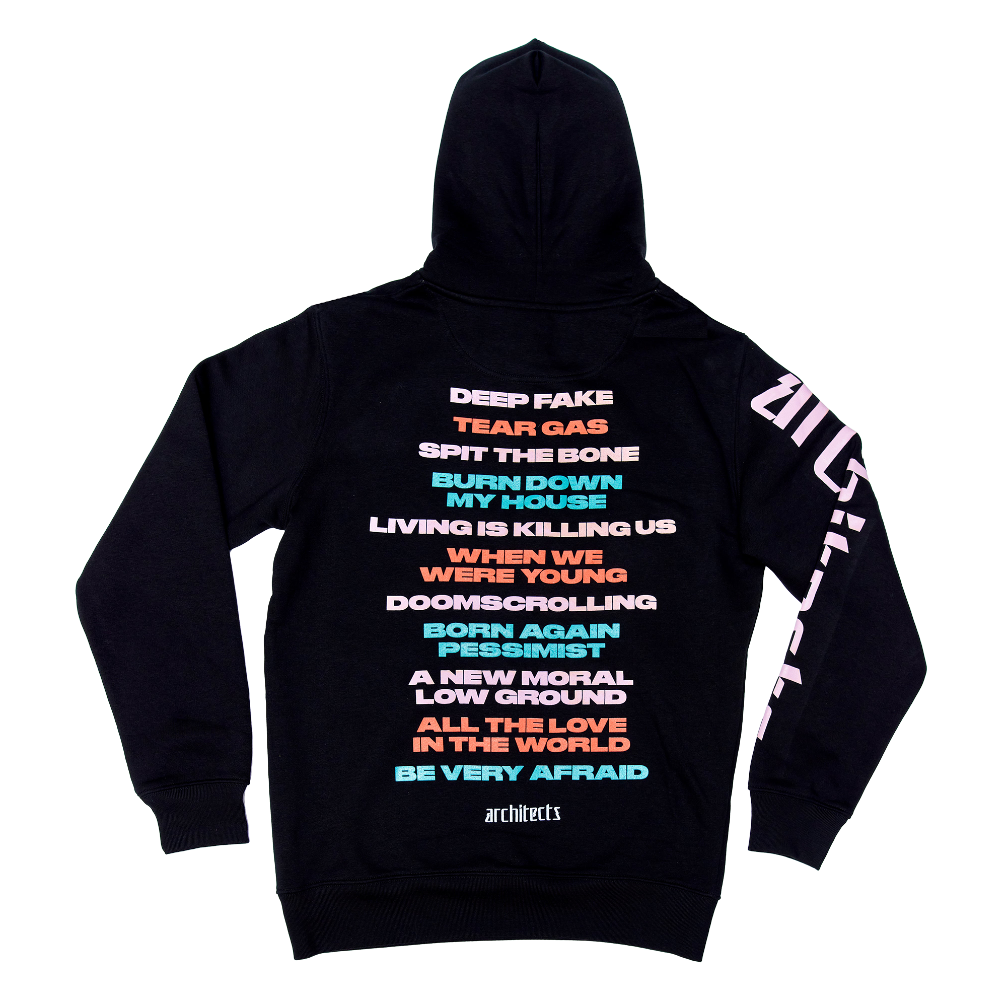 Black unisex hoodie featuring a colourful 'Broken' text print across the front and a pink Architects logo print along the sleeve.