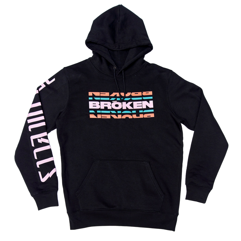 Black unisex hoodie featuring a colourful 'Broken' text print across the front and a pink Architects logo print along the sleeve.