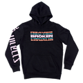 Black unisex hoodie featuring a colourful 'Broken' text print across the front and a pink Architects logo print along the sleeve.