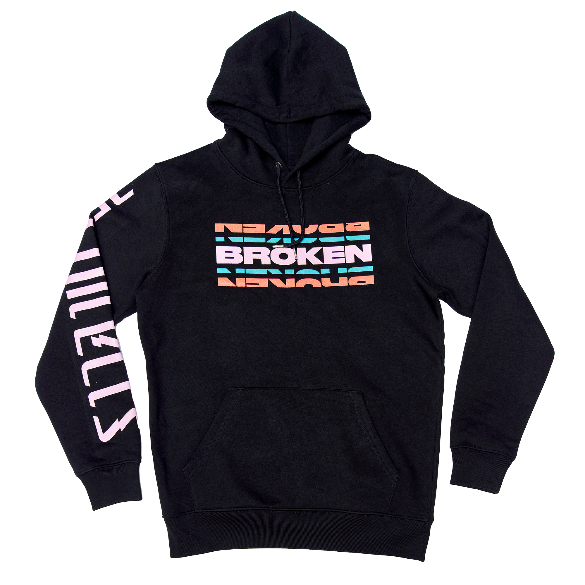 Black unisex hoodie featuring a colourful 'Broken' text print across the front and a pink Architects logo print along the sleeve.