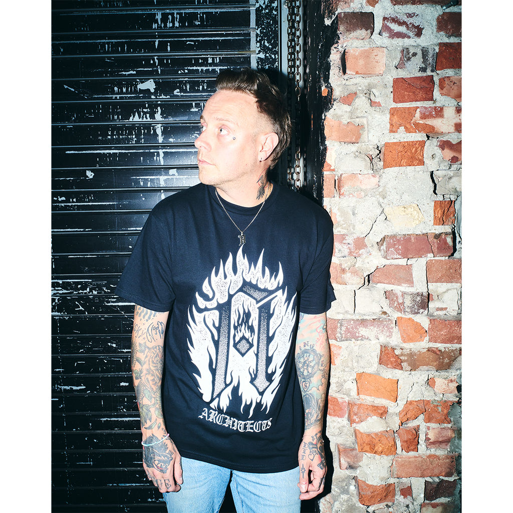 Black short-sleeve regular fit T-shirt with Architects Burning A print across the front and 2025 tour date print across the back. 