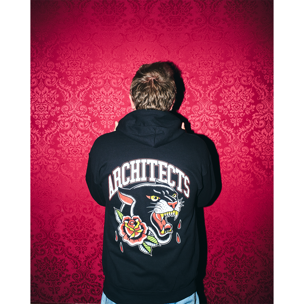 Black unisex zip-up hoodie with Architects Floral Panther print across the back