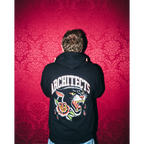 Black unisex zip-up hoodie with Architects Floral Panther print across the back