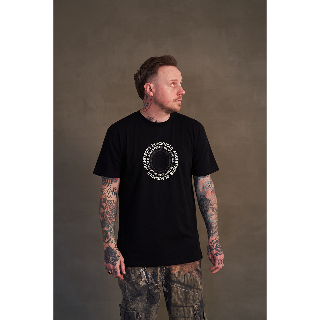Black short-sleeve unisex regular fit T-shirt with an Architects circle Blackhole print across the front chest.
