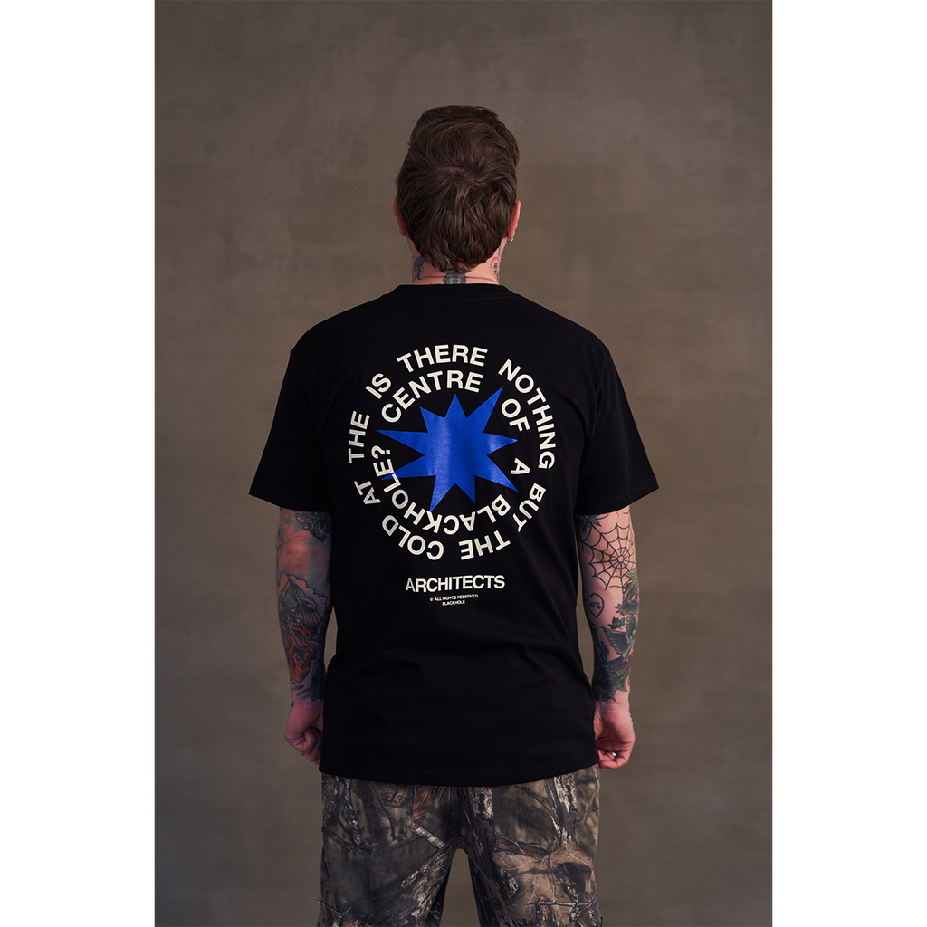Black short-sleeve unisex regular fit t-shirt with Architects Blackhole print across the back