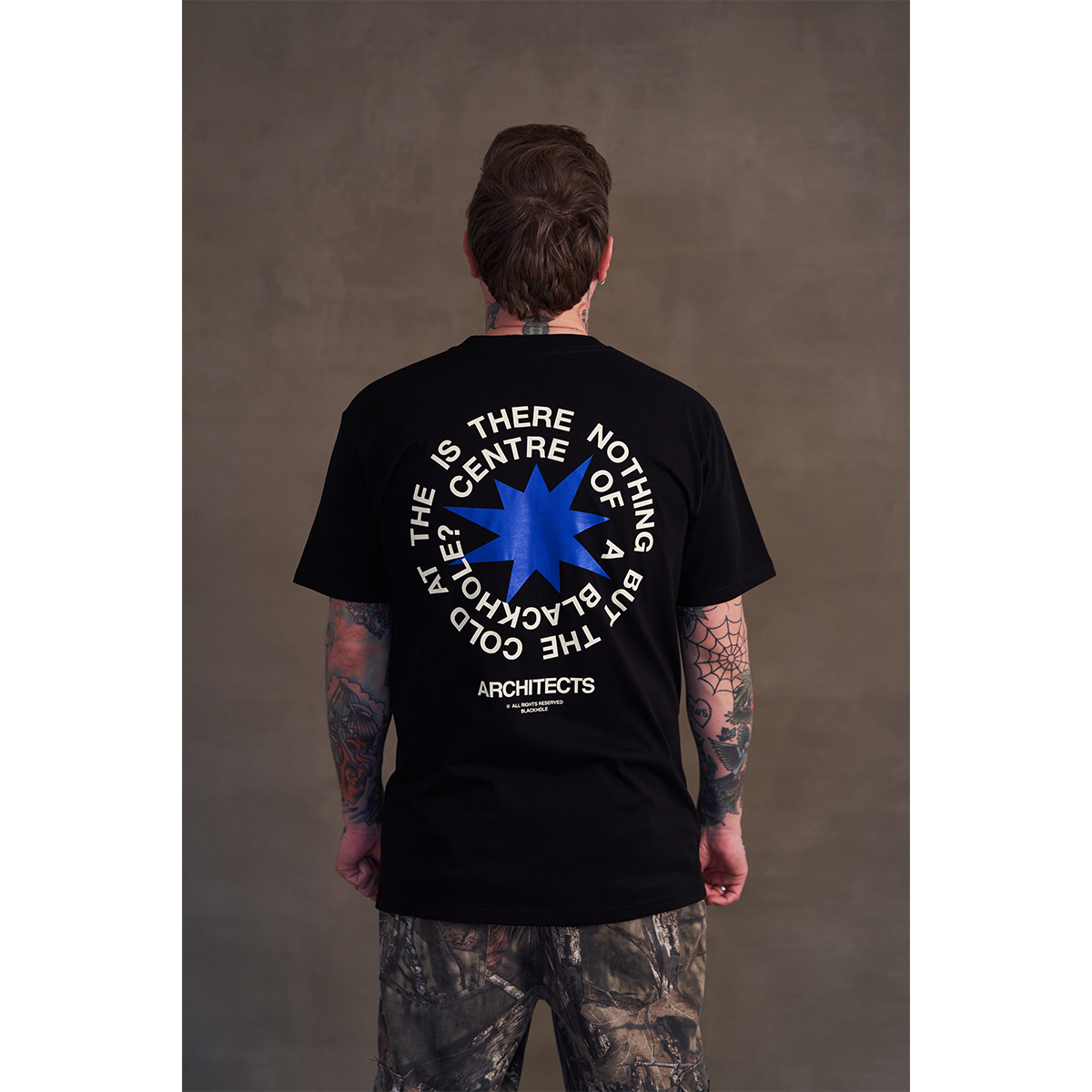 Black short-sleeve unisex regular fit t-shirt with Architects Blackhole print across the back