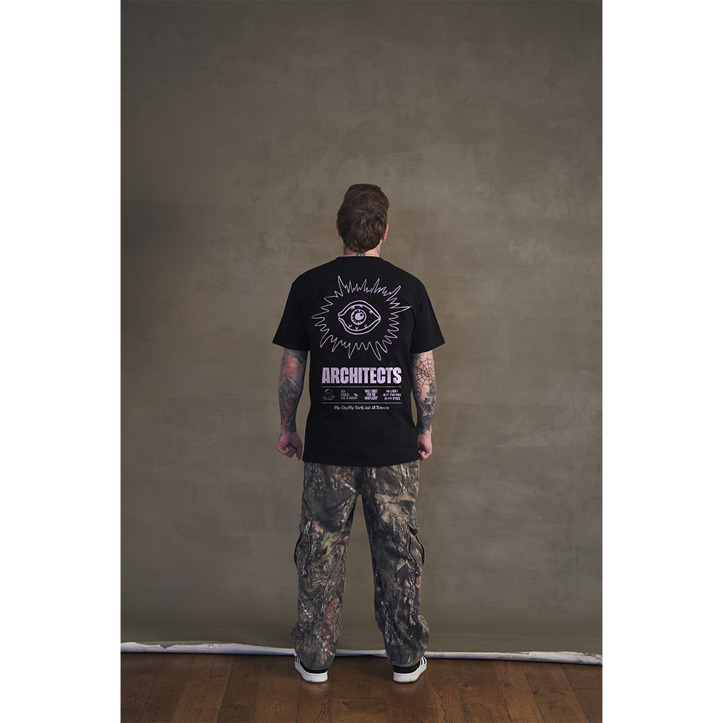 Black short-sleeve unisex regular fit T-shirt with pink Architects eye print across the back