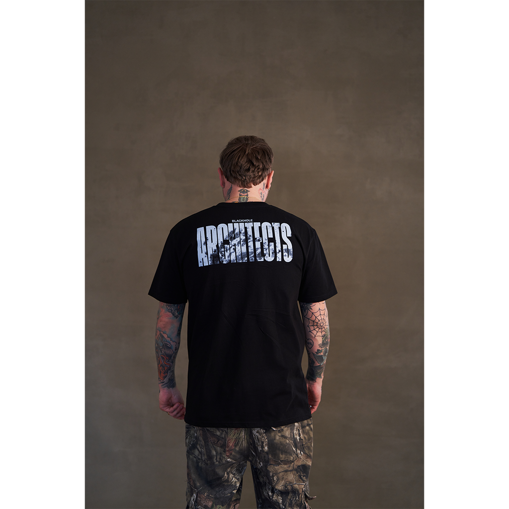 Black short-sleeve unisex regular fit T-shirt with Architects text print across the back