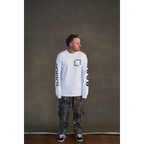 White long-sleeve unisex regular fit T-shirt with Architects Blackhole print on the front right chest, Architects text along the right sleeve, and eye print along the left sleeve.
