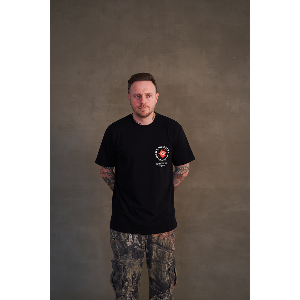 Black short-sleeve unisex regular fit T-shirt featuring Architects The Sky, The Earth & All Between print on the front right chest and across the back.