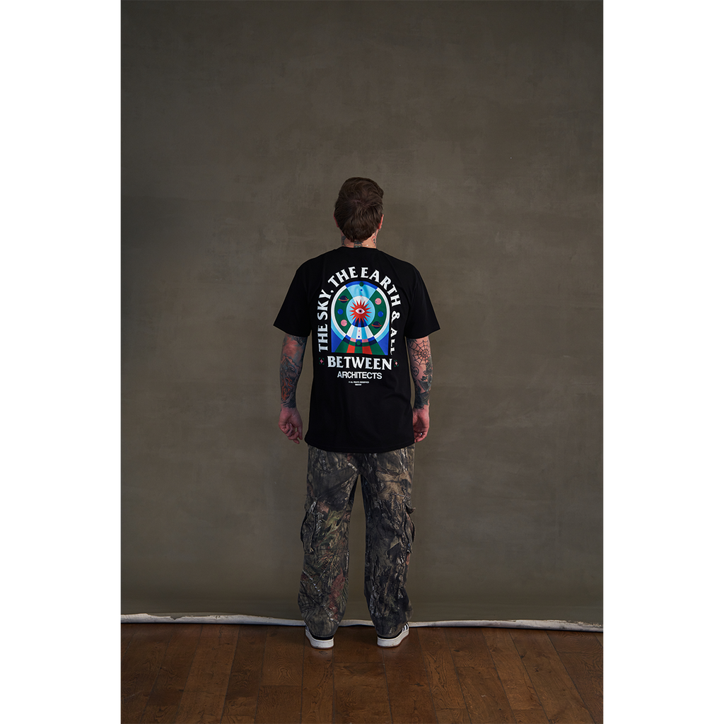 Black short-sleeve unisex regular fit T-shirt featuring Architects The Sky, The Earth & All Between print on the front right chest and across the back.