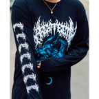 Black long-sleeve unisex regular-fit T-shirt featuring an Architects wolf print across the front and a barbed wire print along the right sleeve.