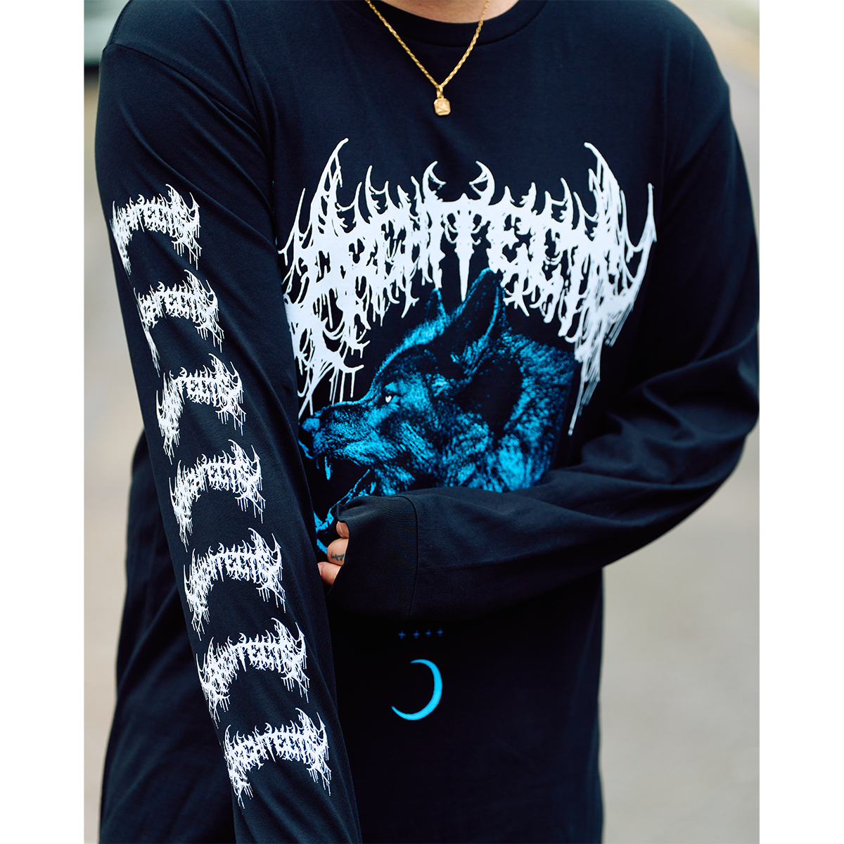 Black long-sleeve unisex regular-fit T-shirt featuring an Architects wolf print across the front and a barbed wire print along the right sleeve.