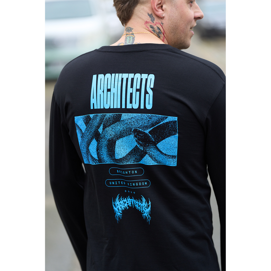 Black long-sleeve unisex regular-fit T-shirt featuring a blue Architects snake print across the back and a barbed wire print along the right sleeve.