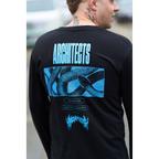 Black long-sleeve unisex regular-fit T-shirt featuring a blue Architects snake print across the back and a barbed wire print along the right sleeve.