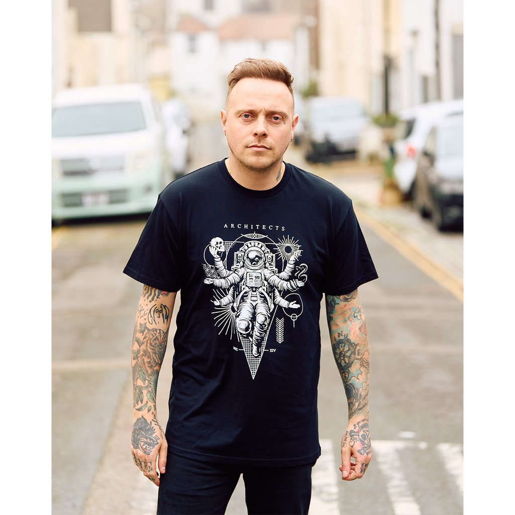 Black Short-sleeve unisex T-Shirt with Architects Astronaut print across the front