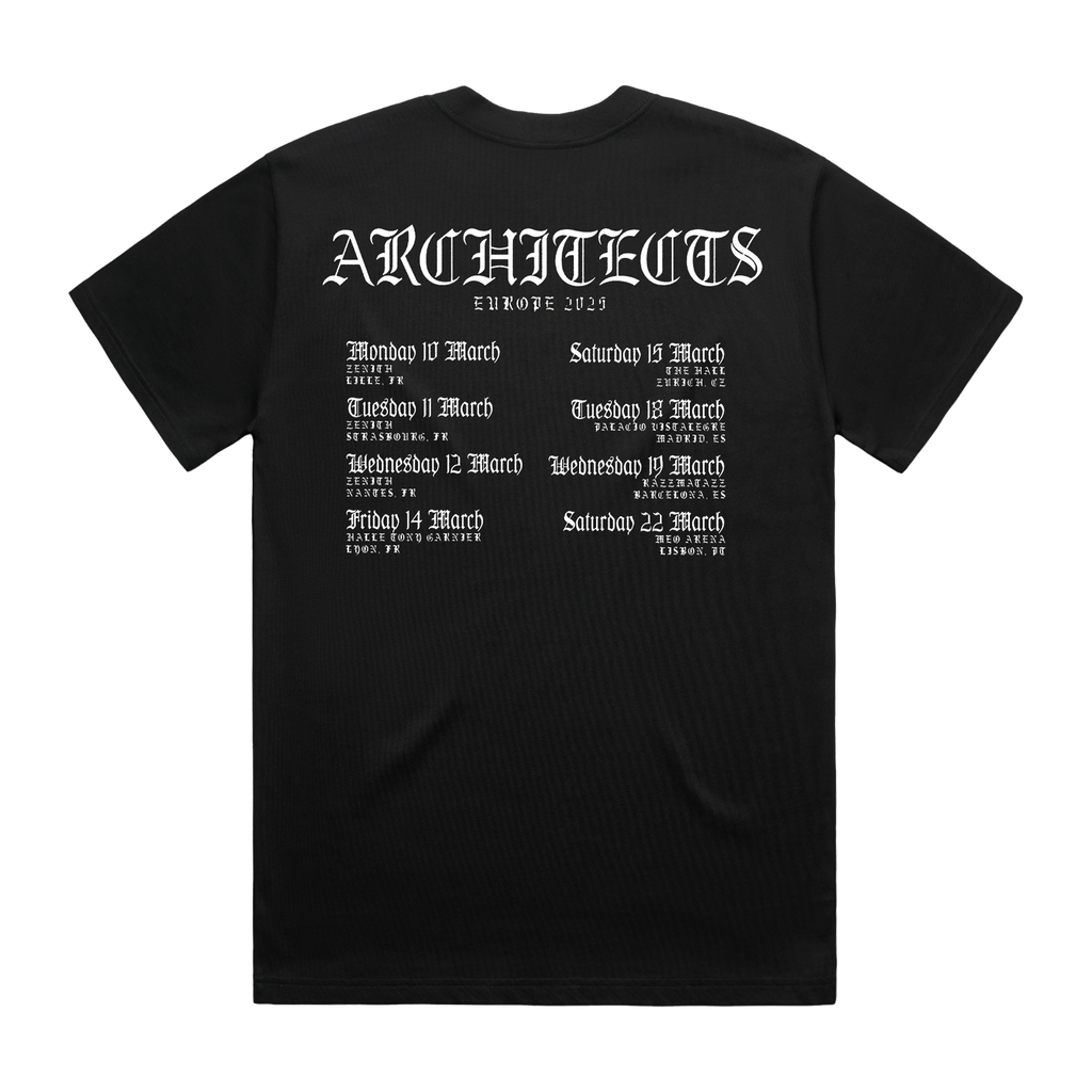Black short-sleeve regular fit T-shirt with Architects 2025 tour date print across the back.