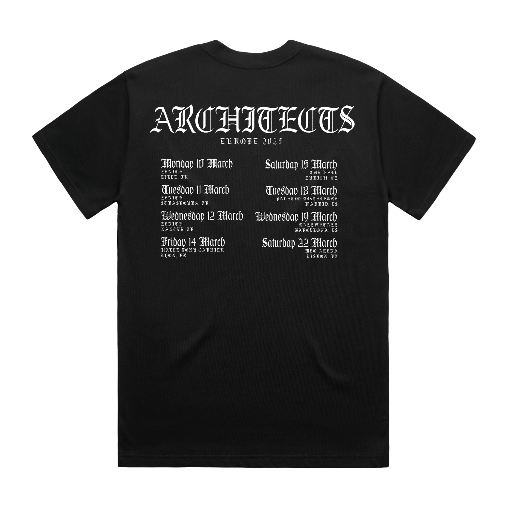 Black short-sleeve regular fit T-shirt with Architects 2025 tour date print across the back.