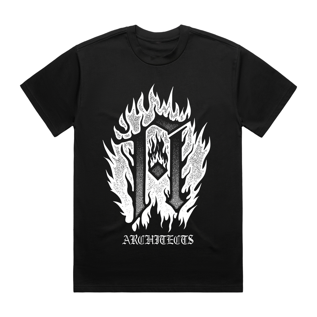 Black short-sleeve regular fit T-shirt with Architects Burning A print across the front.