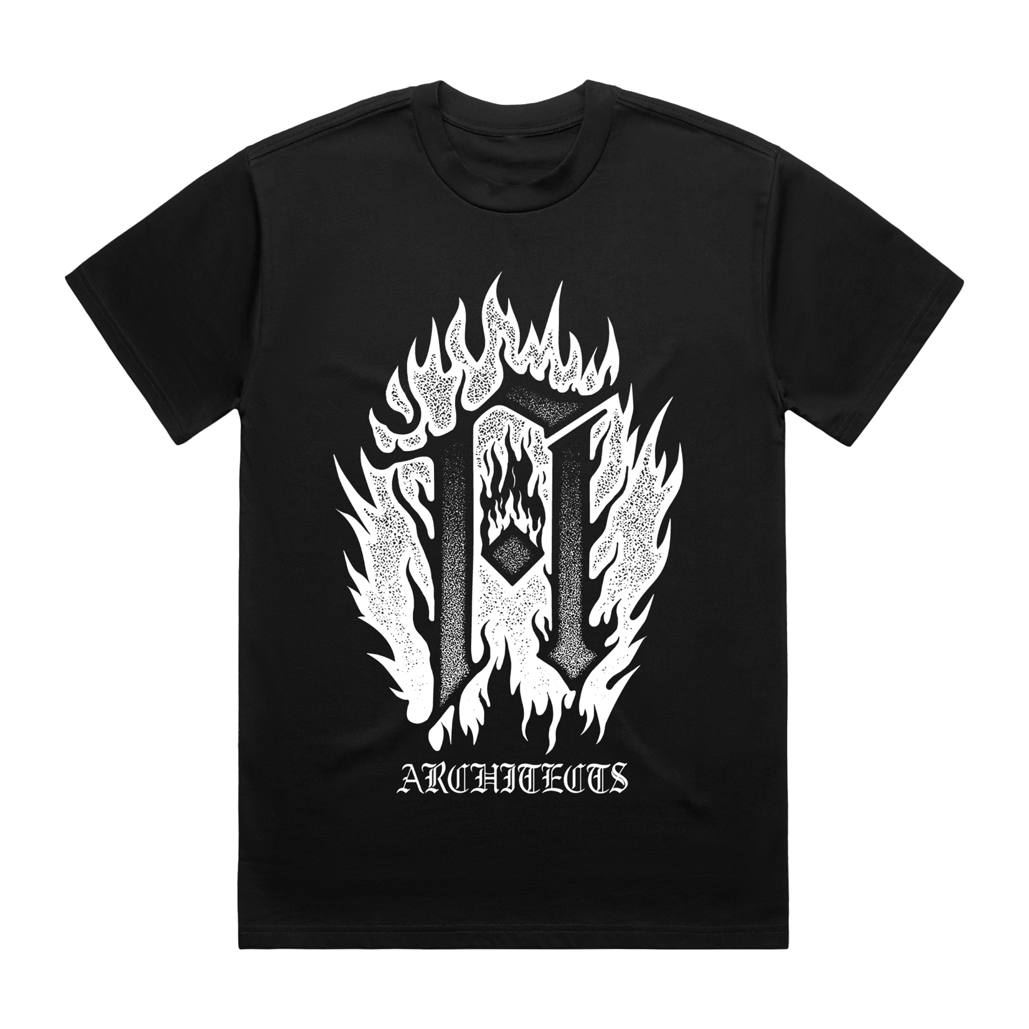 Black short-sleeve regular fit T-shirt with Architects Burning A print across the front.