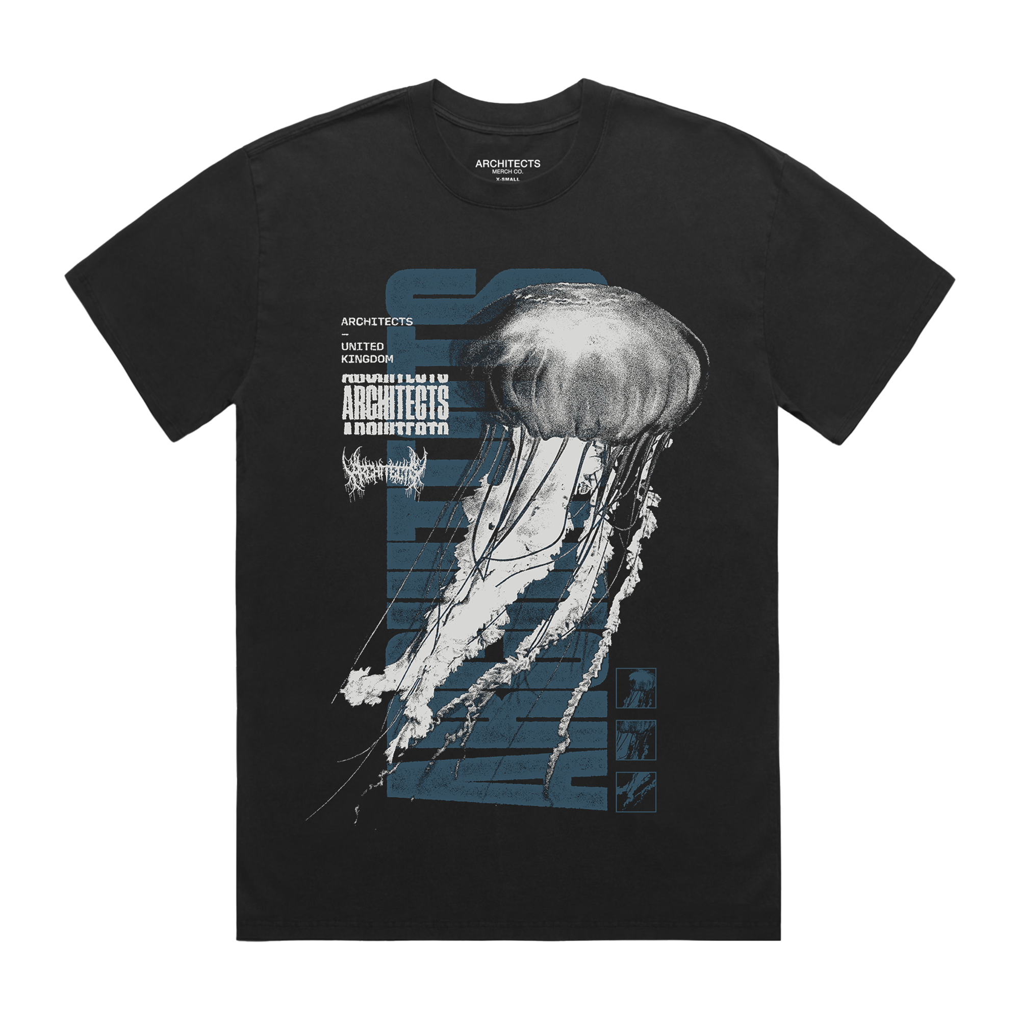 Faded black short-sleeve regular fit t-Shirt with Architects Jellyfish print across the front. 