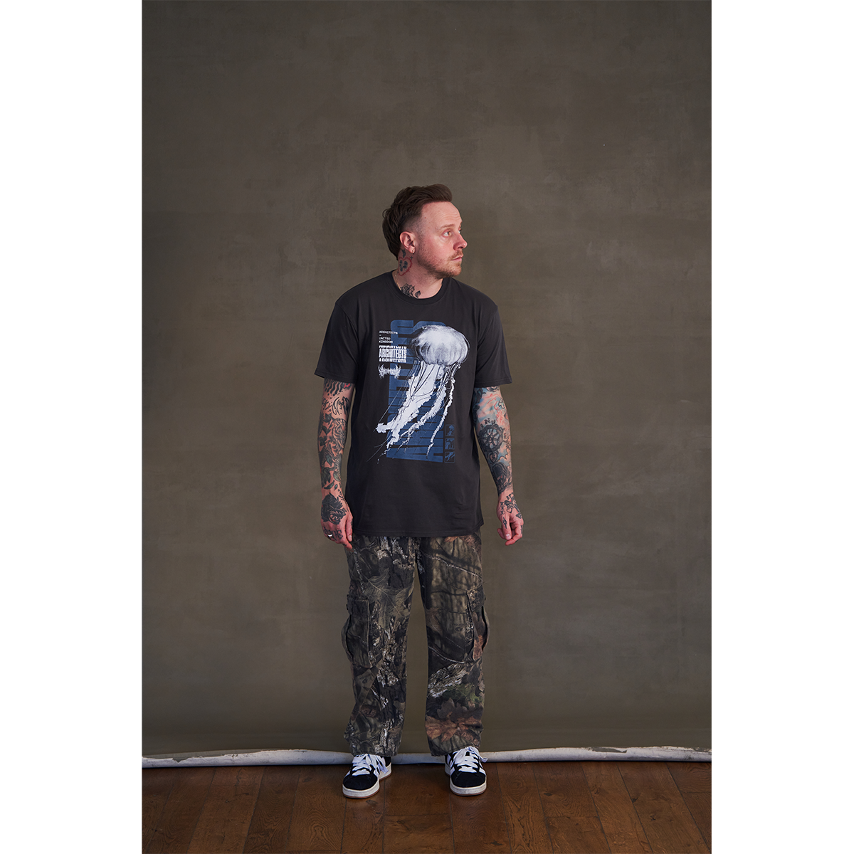 Faded black short-sleeve regular fit t-Shirt with Architects Jellyfish print across the front. 