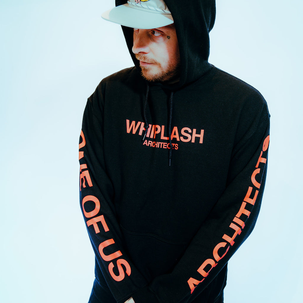 Black regular-fit hoodie with red Architects 'Whiplash' print across the front and 'One of Us' print across the sleeves. 