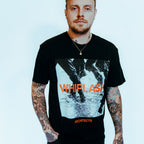 Black short-sleeve unisex T-shirt featuring a grey and red Architects "Whiplash" print across the front.
