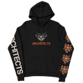 Black unisex hoodie with Architects moth print across the front chest, Architects text print along the right sleeve, and Architects flower skull print along the left sleeve