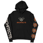 Black unisex hoodie with Architects moth print across the front chest, Architects text print along the right sleeve, and Architects flower skull print along the left sleeve