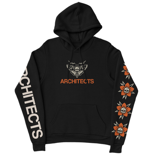 Black unisex hoodie with Architects moth print across the front chest, Architects text print along the right sleeve, and Architects flower skull print along the left sleeve