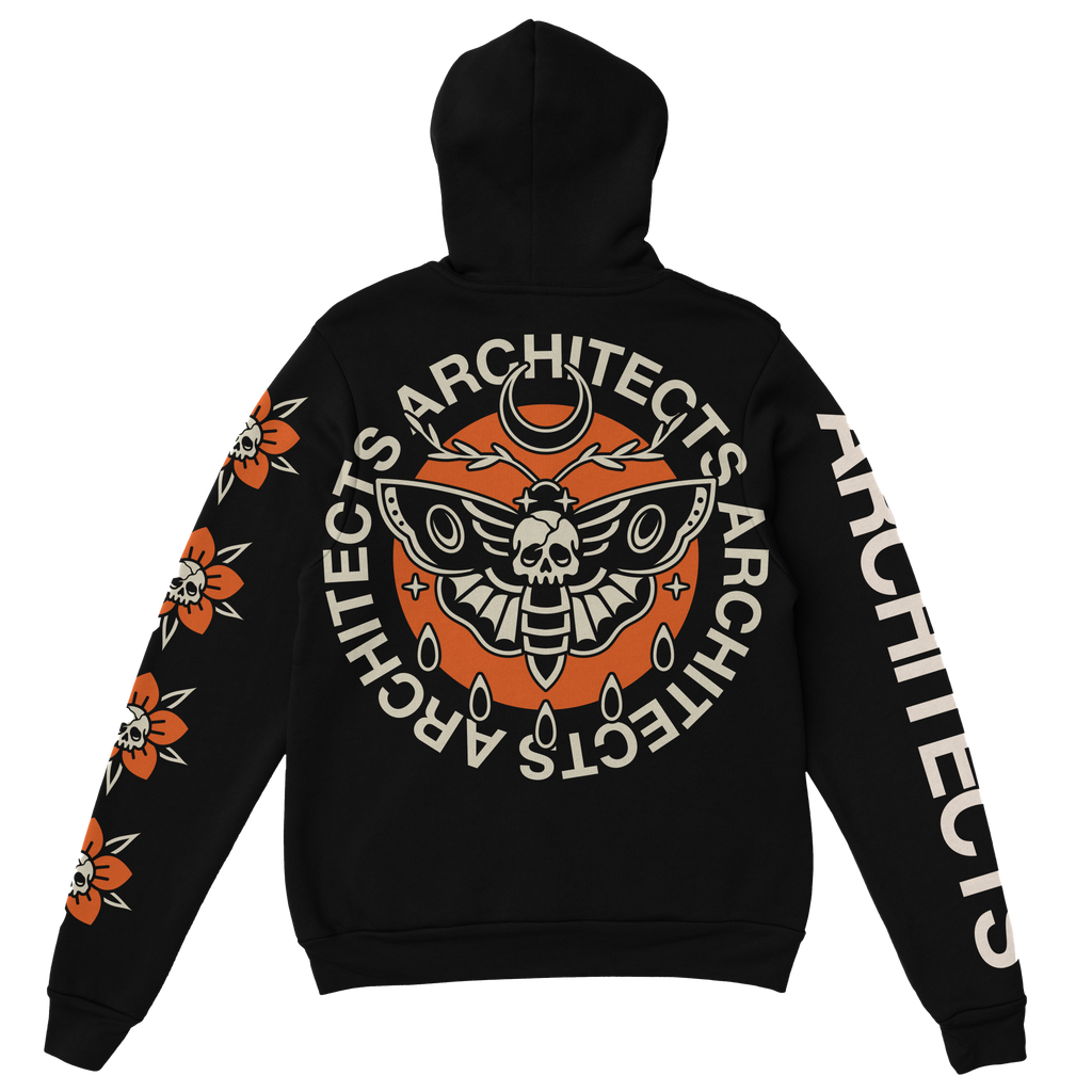 Black unisex hoodie with Architects moth print across the back, Architects text print along the right sleeve, and Architects flower skull print along the left sleeve