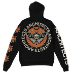 Black unisex hoodie with Architects moth print across the back, Architects text print along the right sleeve, and Architects flower skull print along the left sleeve